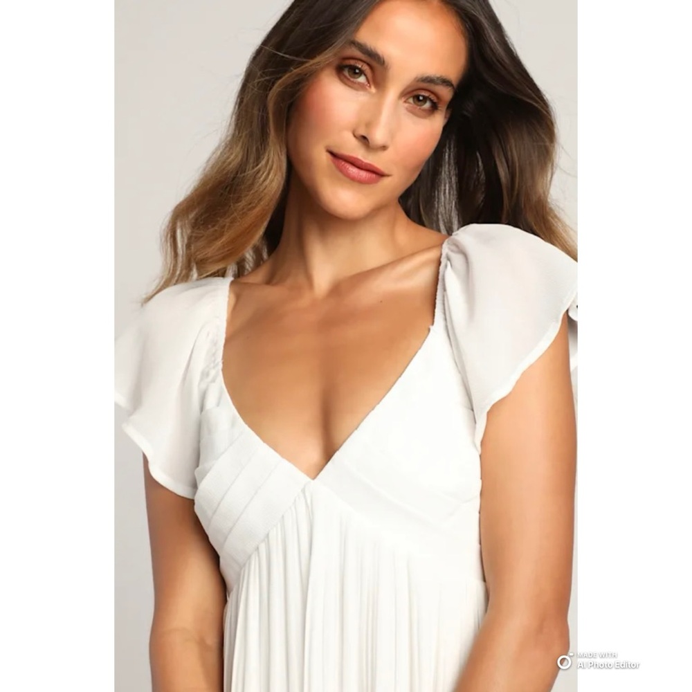 Lulus Large Amalfi Coast White Pleated Flutter Sleeve Mini Dress NWOT - Picture 4 of 16